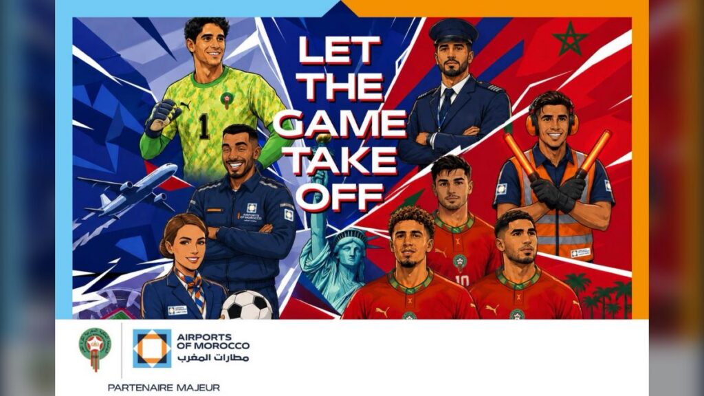 Visuel de la campagne Let The Game Take Off d’Airports of Morocco dédiée aux Lions de l’Atlas