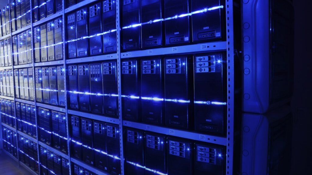 Serveurs dans un centre de données, illustration des infrastructures d’intelligence artificielle