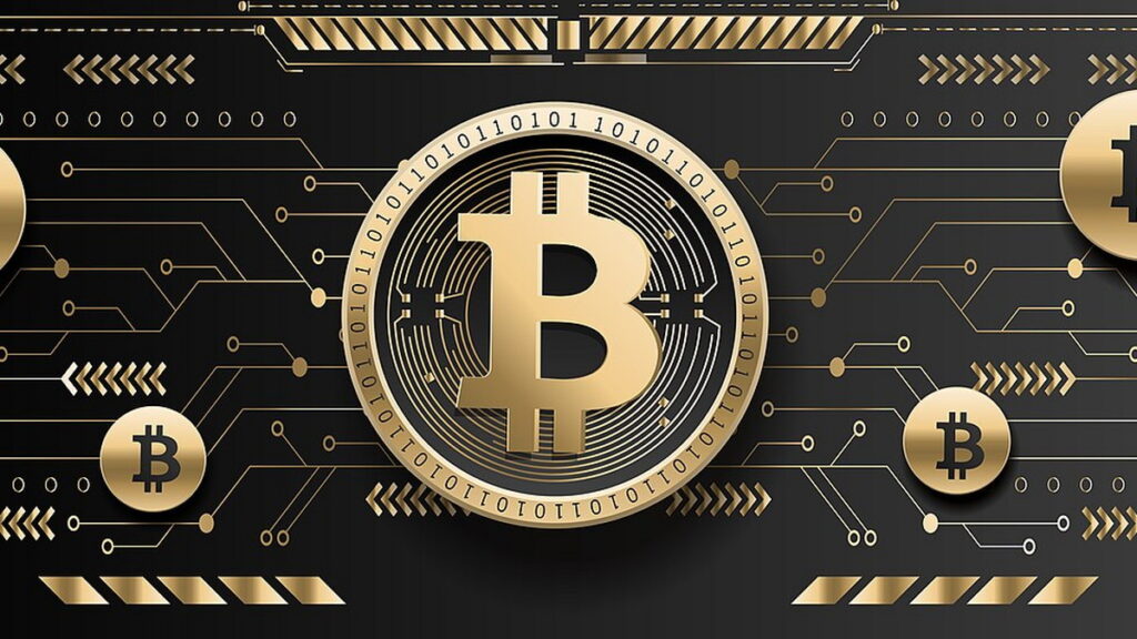Pièce symbolisant le bitcoin sur fond sombre
