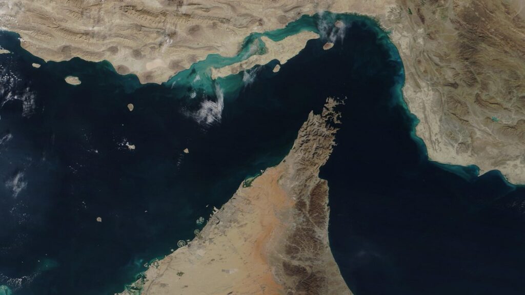 Vue satellite du détroit d’Ormuz entre l’Iran et la péninsule arabique