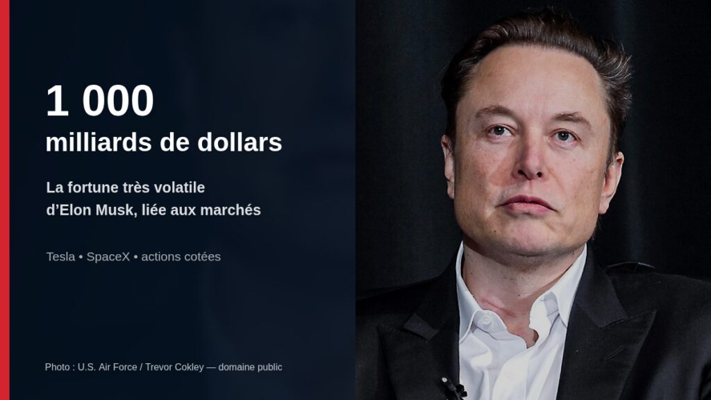 Portrait d’Elon Musk avec un visuel éditorial sur sa fortune estimée à mille milliards de dollars