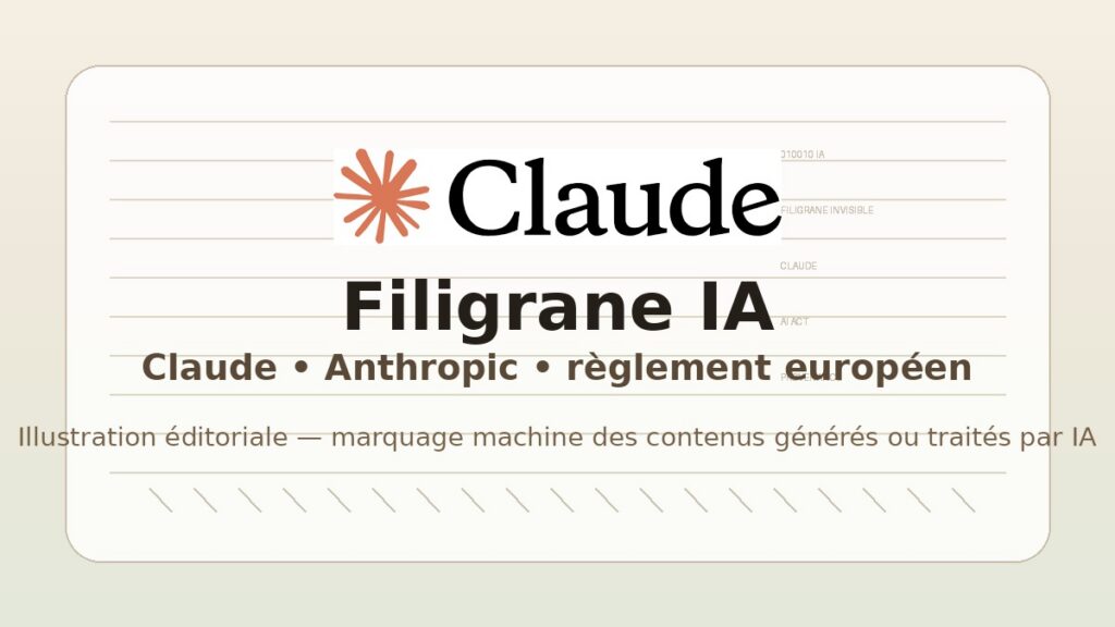 Logo de Claude avec la mention Filigrane IA sur une illustration éditoriale